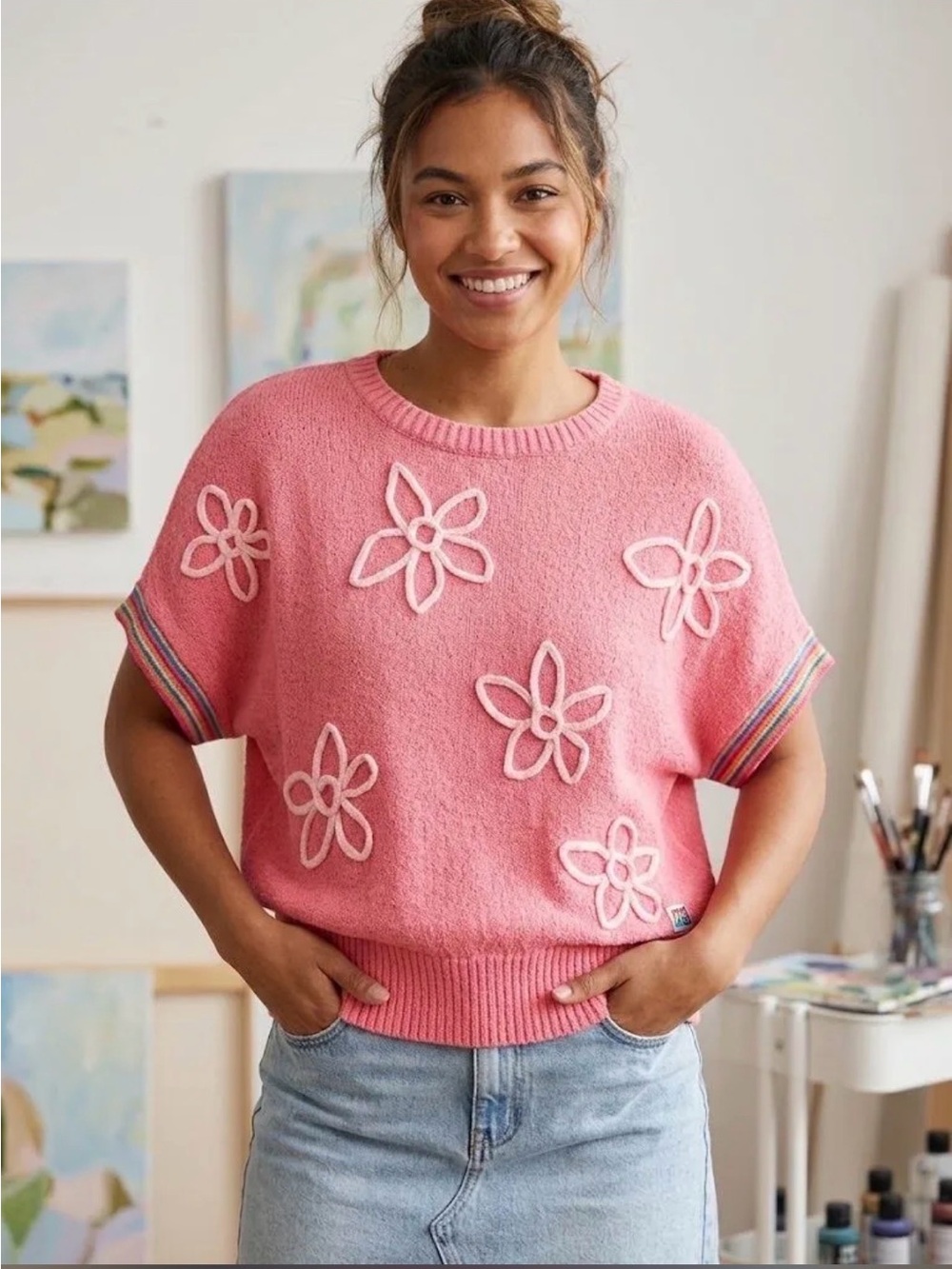easel Pink Floral Appliqué Crewneck Sweater
